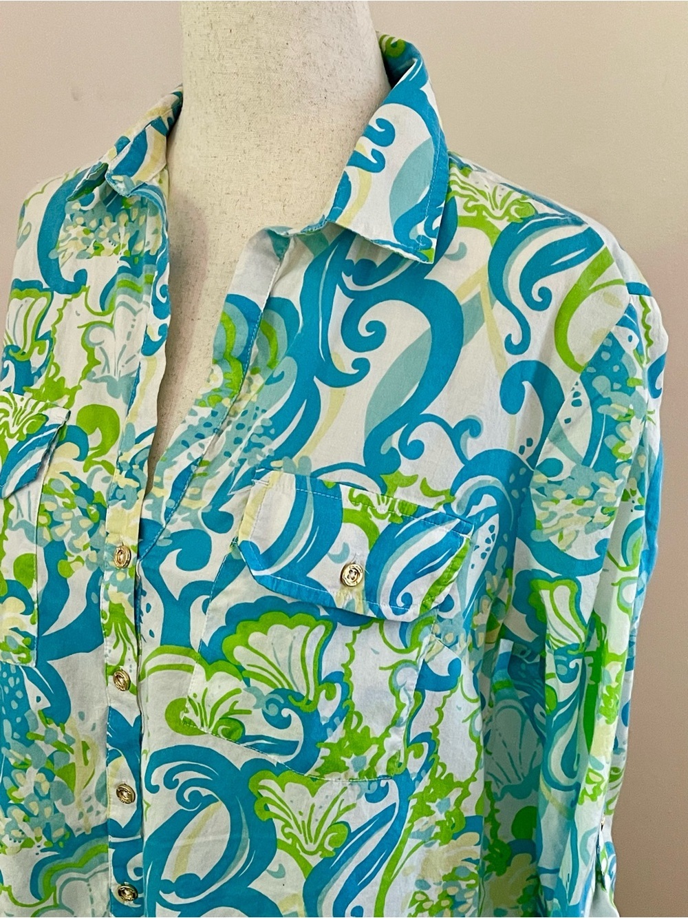 Lilly Pulitzer Tunic Dress S Blue Green Floral 100% Cotton Gold Buttons - Picture 2 of 7